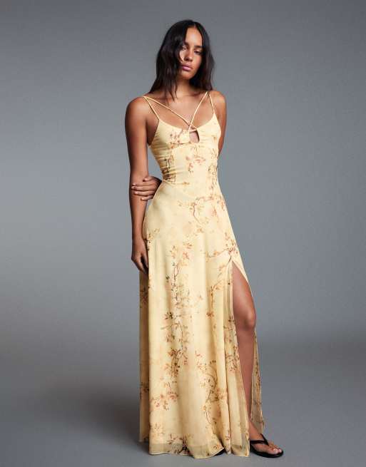 Bershka Strappy floral midi dress in yellow, 2 of 5
