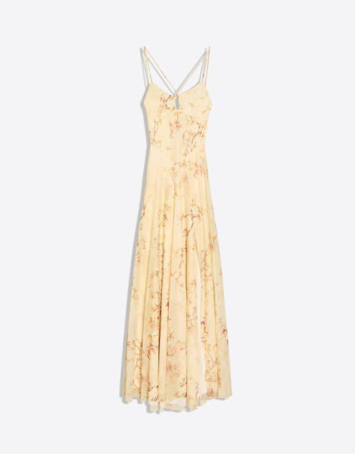 Bershka Strappy floral midi dress in yellow, 5 of 5