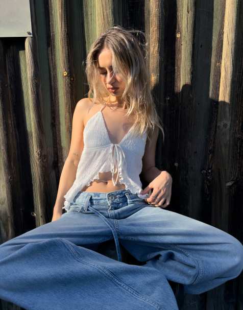Bershka strappy halter top with ruffles in white - view 1
