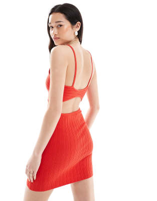 Bershka strappy knitted mini dress in red
