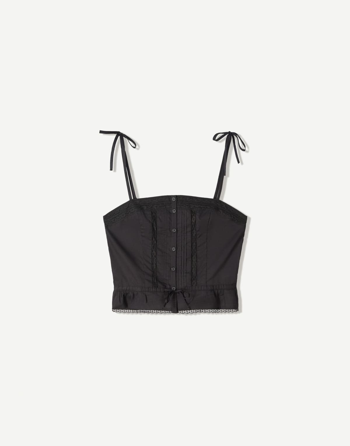 Bershka strappy lace top with tie in black