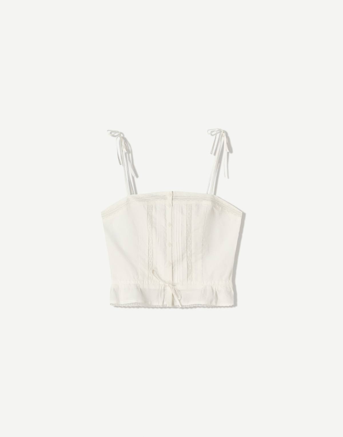 Bershka strappy lace top with tie in white