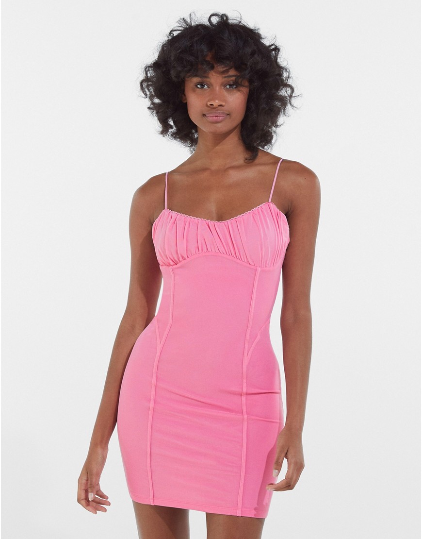 Bershka Strappy Mesh Bodycon Dress With Ruching In Pink