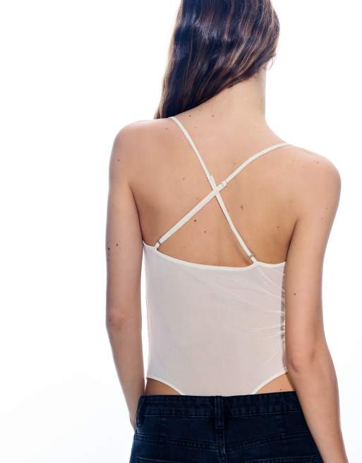 Bershka strappy mesh bodysuit with rhinestones in cream | ASOS