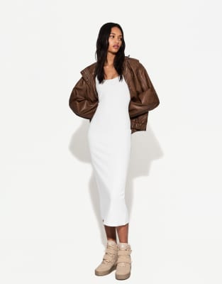 Bershka strappy midi dress in white