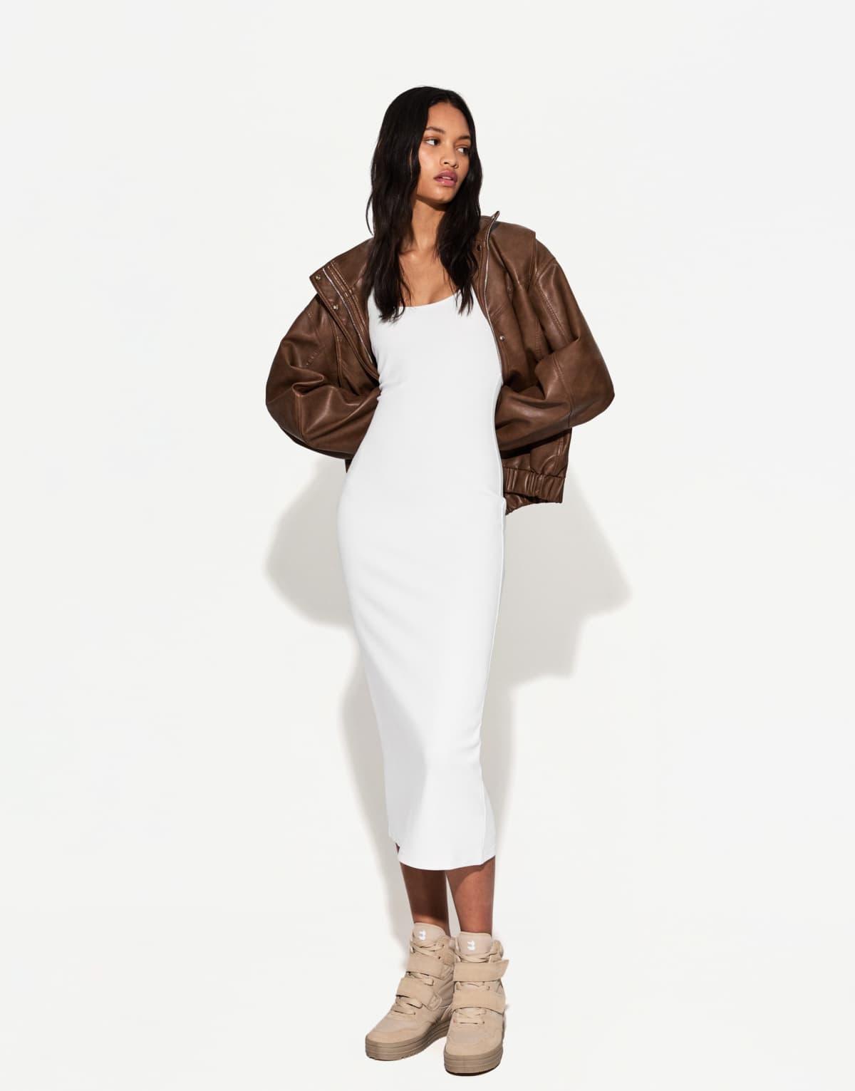 Bershka strappy midi dress in white