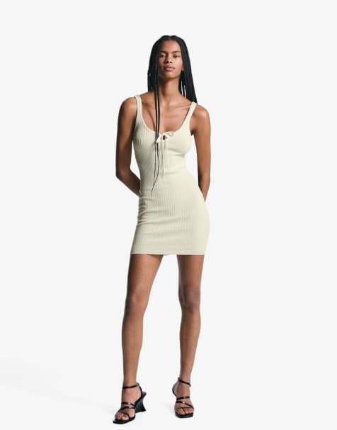 Bershka Strappy mini dress with tie detail in white - view 1