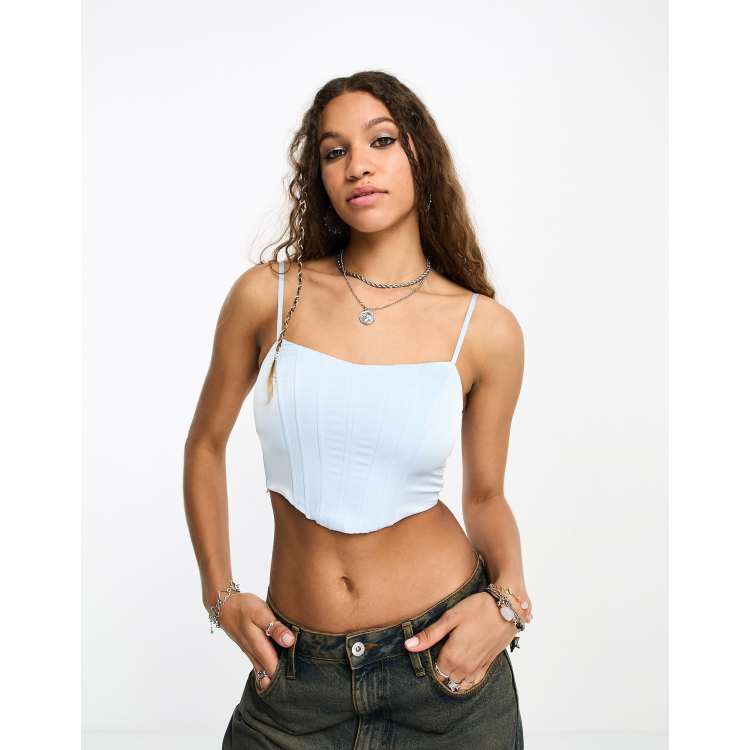 Pimkie cropped satin corset top in ice blue