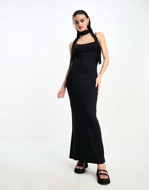 Bershka strappy slinky maxi dress in black