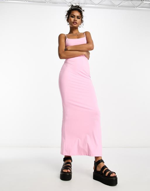 Bershka strappy soft shaping maxi dress in light pink