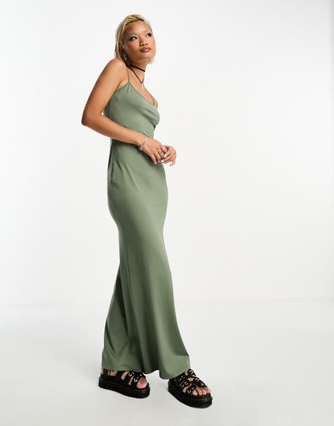 Flounce London Plus satin all over ruffle cami maxi dress in khaki