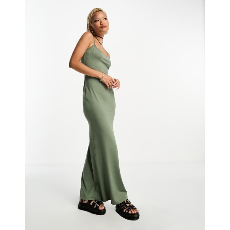 Bershka strappy soft touch shaping maxi dress in khaki ASOS