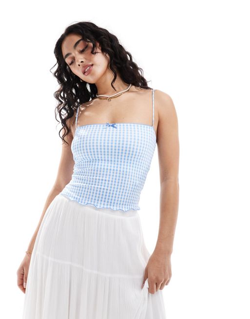  Bershka strappy straight neck cami top in blue gingham