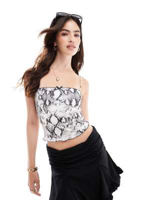 Bershka strappy straight neck cami top in snakeskin print-Black