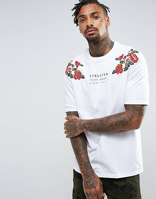 Bershka Streeter T-Shirt With Floral Embroidery In White | ASOS
