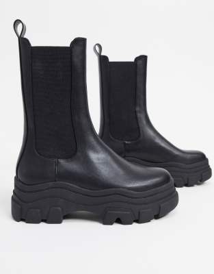 Bershka stretch ankle boot with track sole in black | ASOS