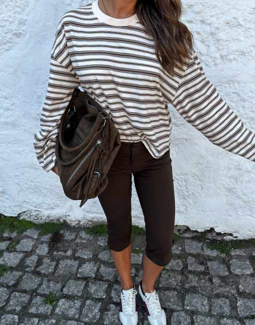 Bershka stribet boxy langærmet T-shirt i ecru, 3 af 5