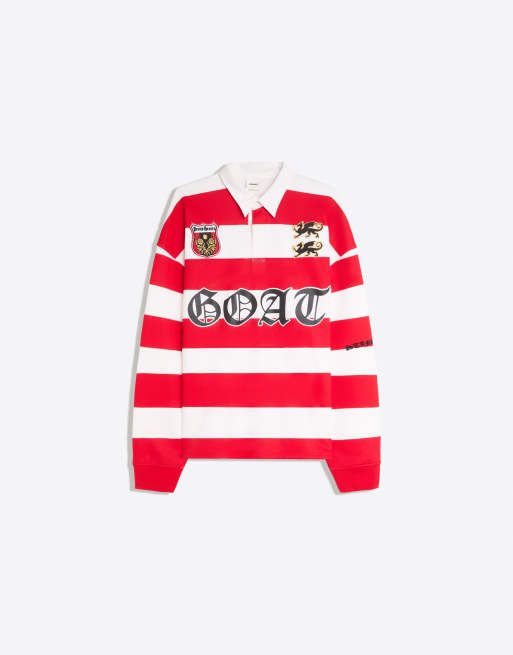 Bershka stribet poloshirt med lange ærmer i rød, 6 af 7