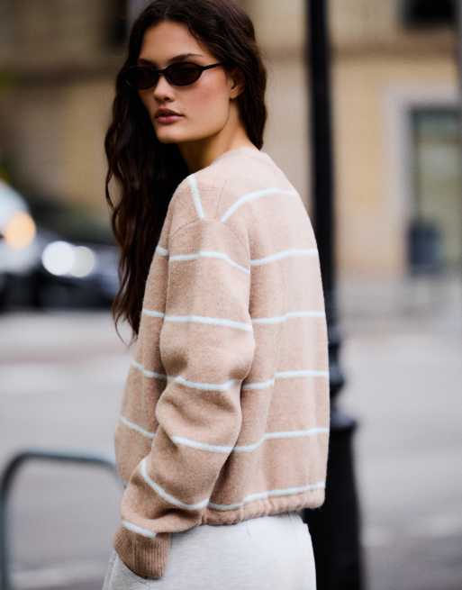 Bershka stribet strikket cardigan med rund hals i beige, 3 af 5