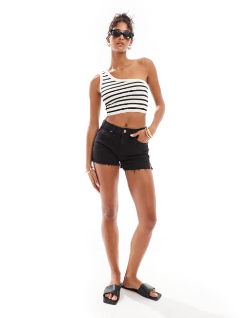 Bershka – Strick-Oberteil in Ecru und Schwarz mit One-Shoulder-Träger und kontrastierender Paspelierung, 3 von 4