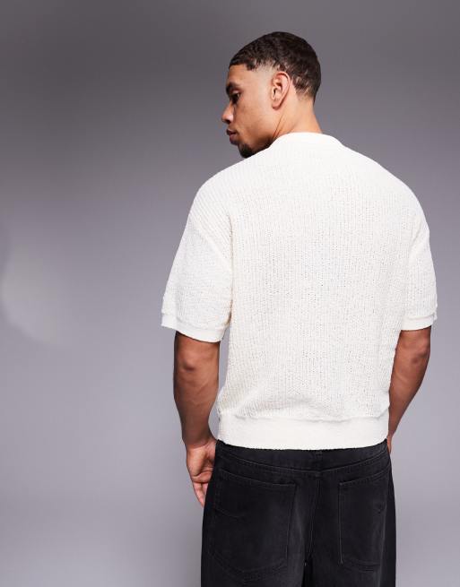 Bershka – Strickhemd in Ecru mit Polokragen, 4 von 4