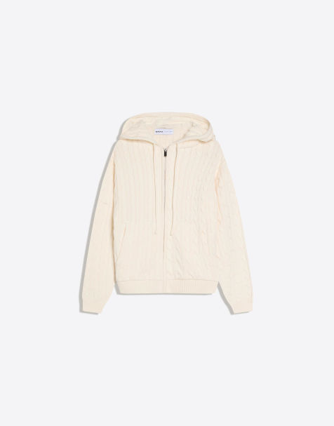 Bershka – Strickjacke in Ecru mit Zopfmuster und Reißverschluss - view 1