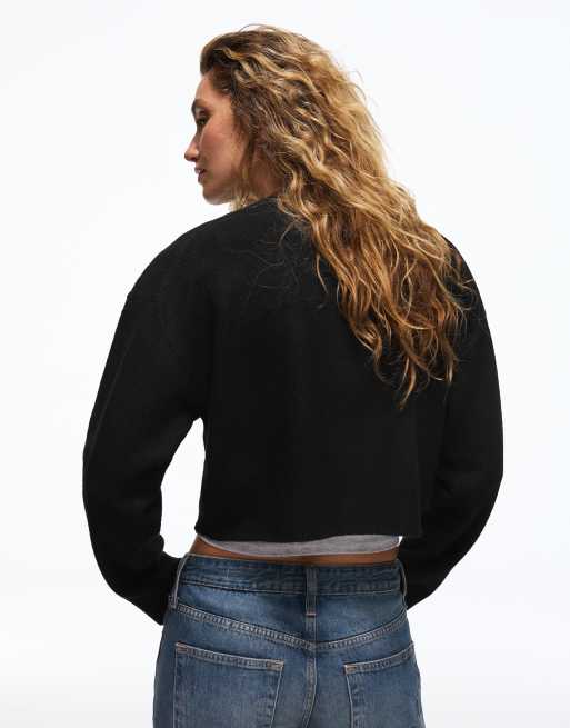 Bershka Strickjacke mit Rundhalsausschnitt und Knopfleiste in Schwarz, 3 von 5