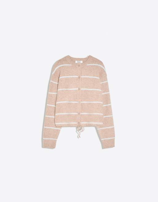 Bershka Strickjacke mit Rundhalsausschnitt und Streifen in Stone, 5 von 5