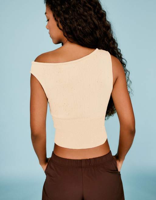 Bershka – Strickoberteil in Ecru mit U-Boot-Ausschnitt und Paillettenverzierung, 2 von 4