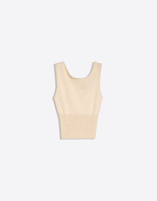 Bershka – Strickoberteil in Ecru mit U-Boot-Ausschnitt und Paillettenverzierung, 4 von 4