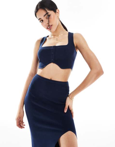 Bershka – Strickoberteil in Marineblau mit eckigem Ausschnitt, Kombiteil - view 1