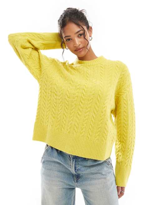 Bershka – Strickpullover in Chartreuse mit Zopfmuster