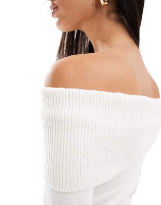 Bershka – Strickpullover in Ecru mit Carmen-Ausschnitt, 4 von 4