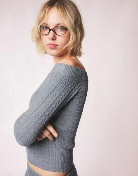 Bershka – Strickpullover in Grau mit Carmen-Ausschnitt und Zopfmuster - view 1