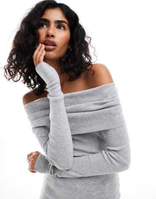 Bershka - Strickpullover in Grau mit Carmen-Ausschnitt