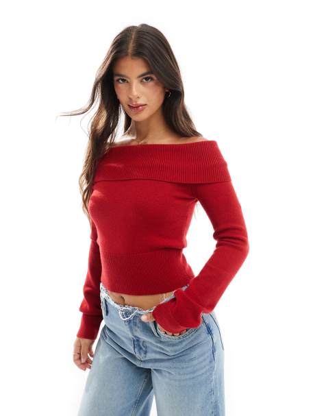 Bershka – Strickpullover in Rot mit Carmen-Ausschnitt - view 1