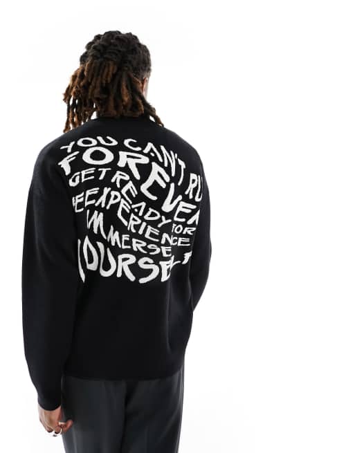 Bershka – Strickpullover in Schwarz mit Grafik-Motiv hinten