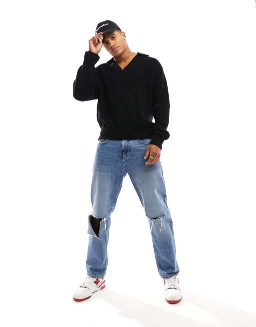 Bershka – Strickpullover in Schwarz mit V-Ausschnitt