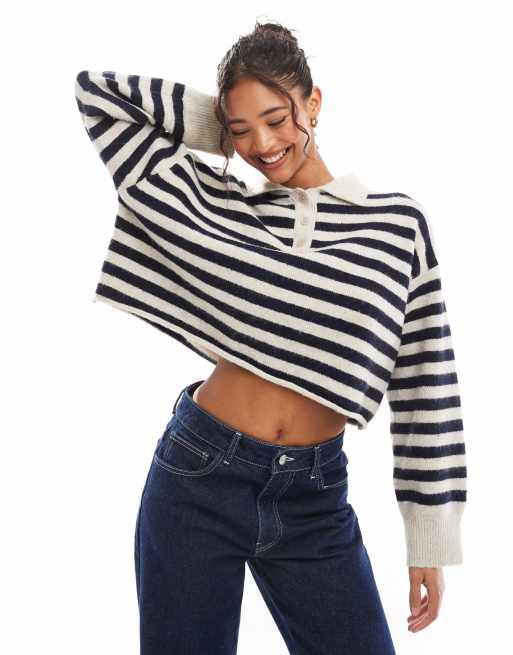 Bershka – Strickpullover mit Streifen in Schwarz und Hellbraun, Struktur und Polokragen