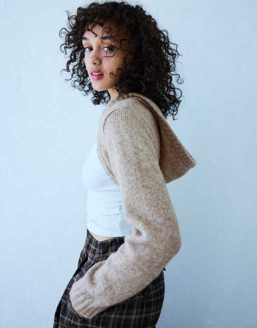 Bershka strikket bolero-trøje med hætte i beige, 2 af 5