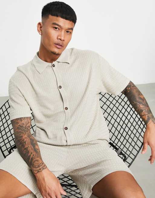 Bershka - Strikket skjorte i beige - Del af sæt, 4 af 4