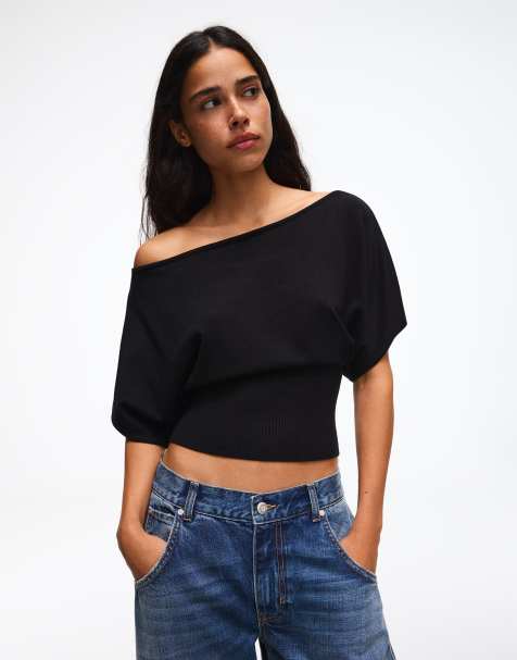 Bershka striktrøje med asymmetrisk hals i sort - view 1