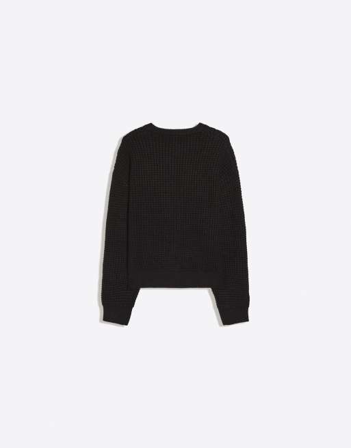 Bershka striktrøje med broderi og vaffelstrik i sort, 6 af 6