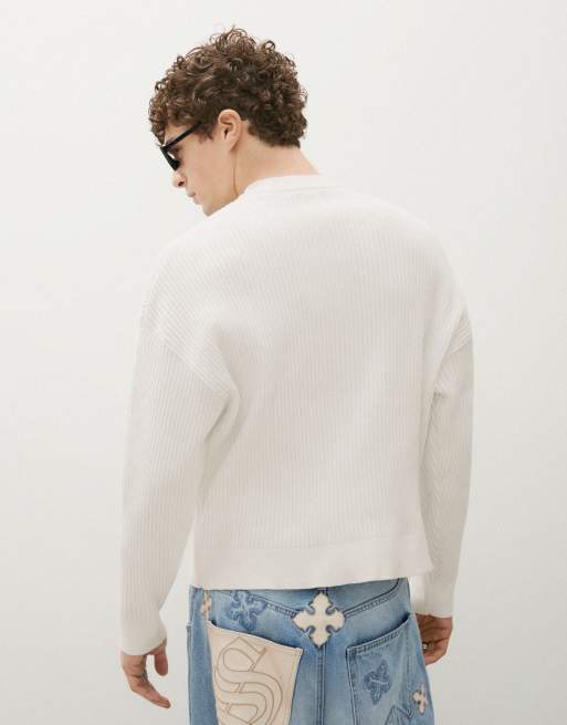 Bershka striktrøje med grafik og rund hals i ecru, 3 af 6