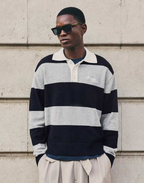 Bershka striktrøje med kontraststribe og polokrave i navy - view 1