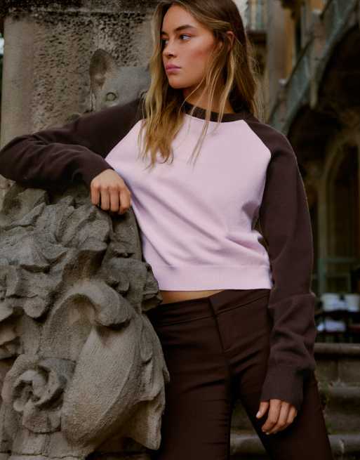 Bershka striktrøje med rund hals og raglanærmer i pink, 4 af 5