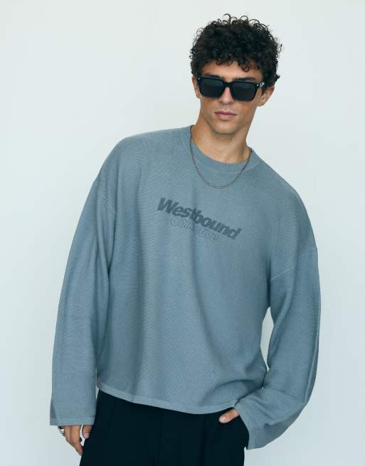 Bershka striktrøje med tekstur og print i blå, 6 af 7
