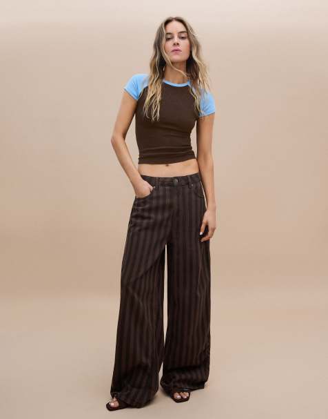 Bershka Stripe barrel trousers in brown - view 1