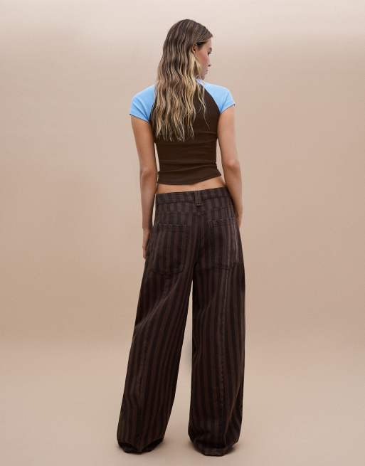Bershka Stripe barrel trousers in brown, 3 of 5