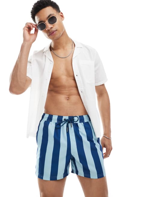 Bershka stripe swim shorts in blue